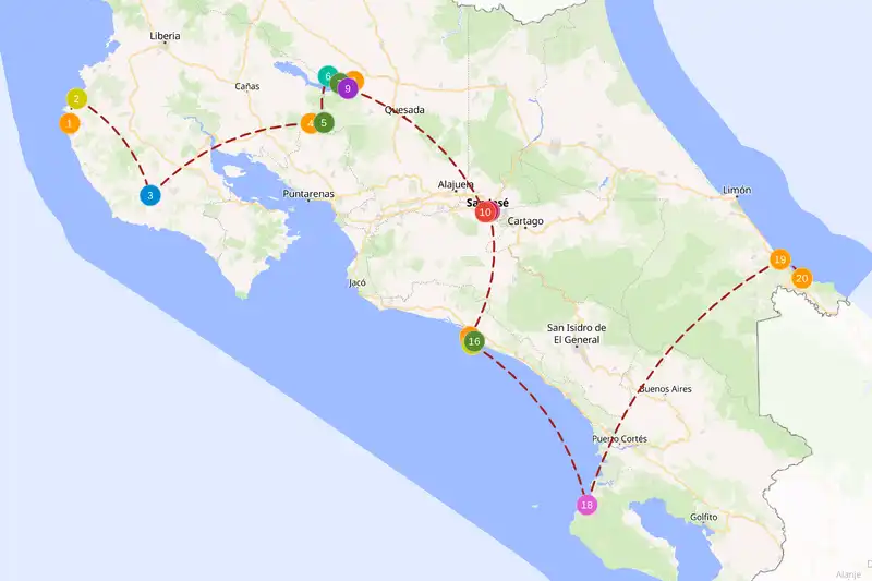 Example route for Costa Rica